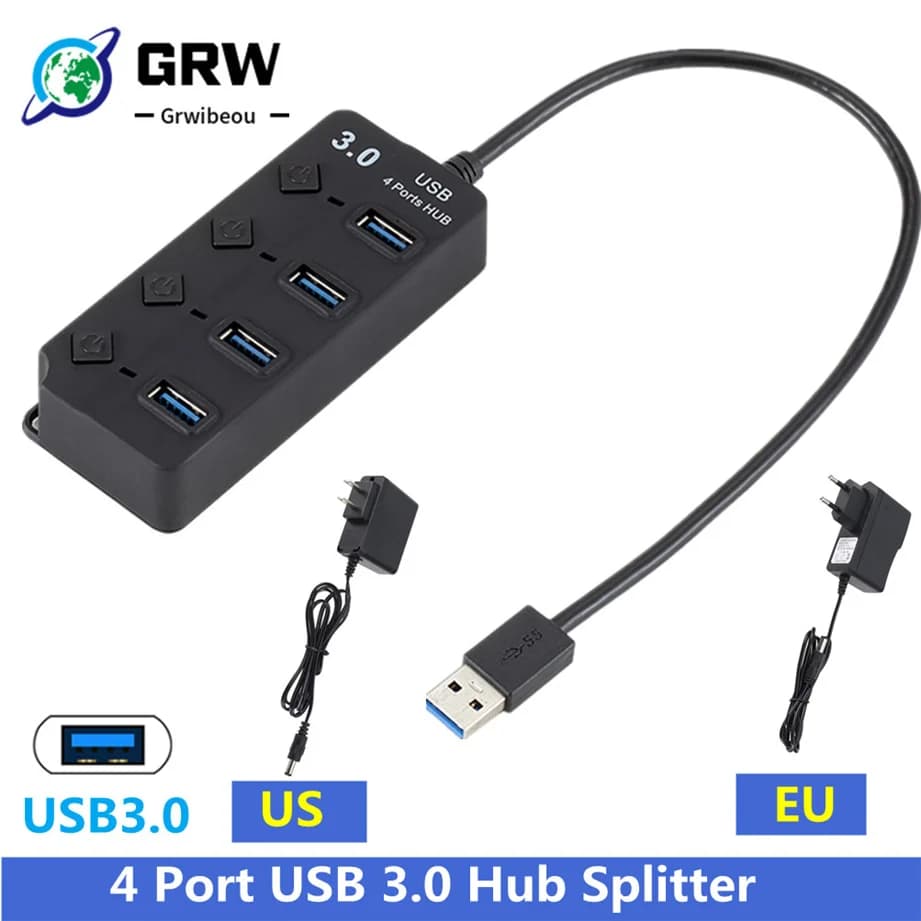 Hub USB 3.0 Hub USB 3.0 Splitter multi USB 3 Hab Utilizzare adattatore di alimentazione Espansore multiplo a 4 porte Hub USB 3.0 2.0 con interruttore per PC