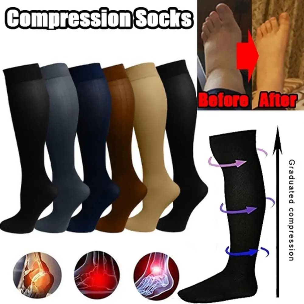 Calzini a compressione per vene varicose adatti per golf, rugby, escursionismo, sport, anti-fatica, guida, volo, calzini neri da donna e da uomo