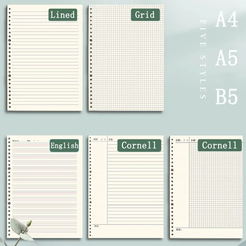 60 fogli Notebook a fogli mobili ricarica raccoglitore a spirale 26 fori diario Planner A4 A5 B5 griglia Cornell linea nucleo interno cartoleria di carta