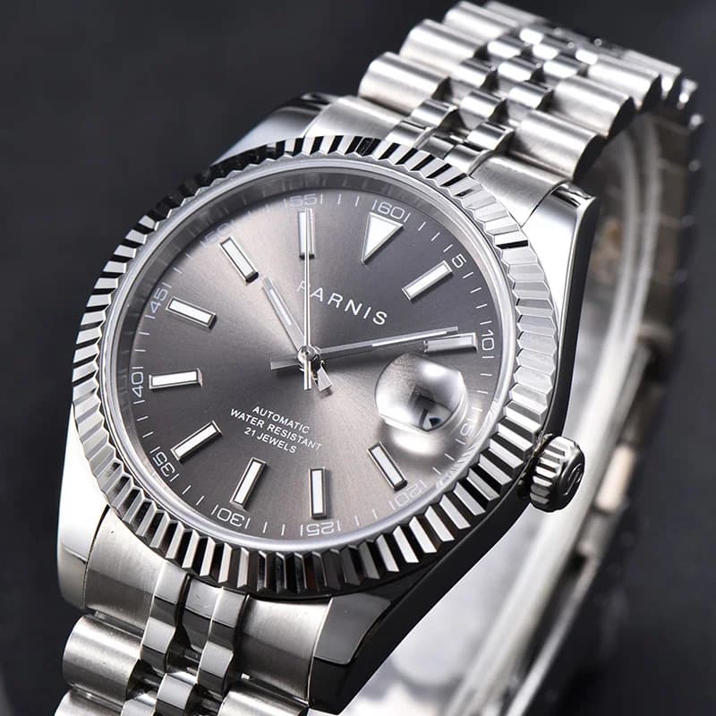 Parnis quadrante grigio orologi da uomo calendario Miyota 8215 movimento 21 gioielli orologio meccanico automatico da uomo con cinturino in acciaio inossidabile