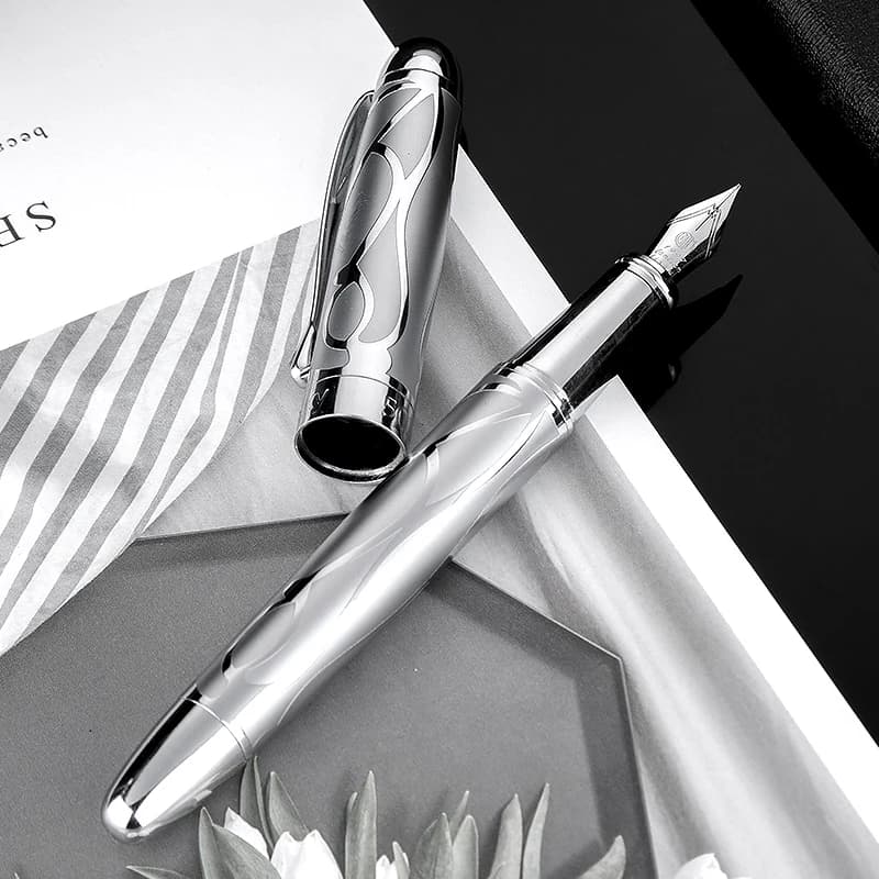 HongDian Printing Stainless Steel Fountain Pen Fine Nib Retro Silver Student Office Practice Supply Writing Pens Stationery Gift
