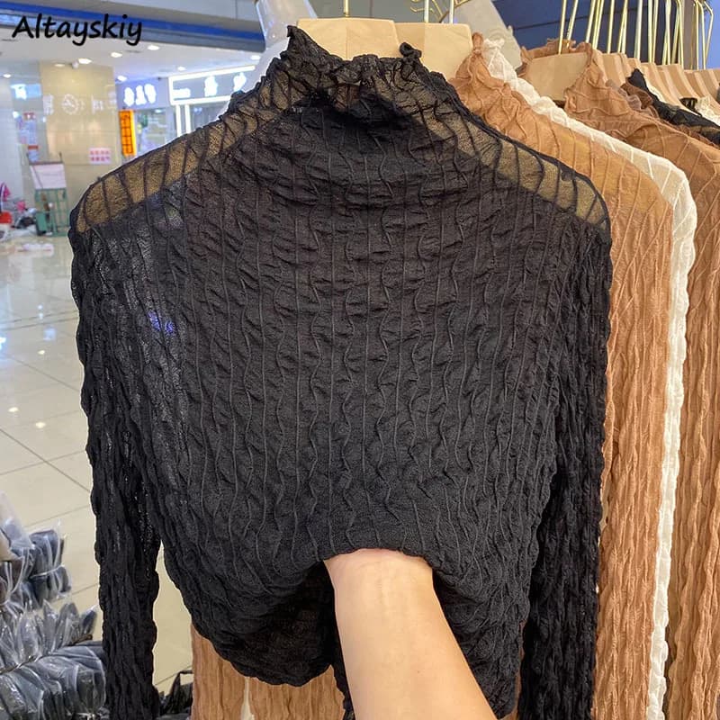 Blouse Women Turtleneck Long Sleeve Lace Pullover Basic Elegant Fashion Bright Line Decoration All-match Office Female Retro Ins