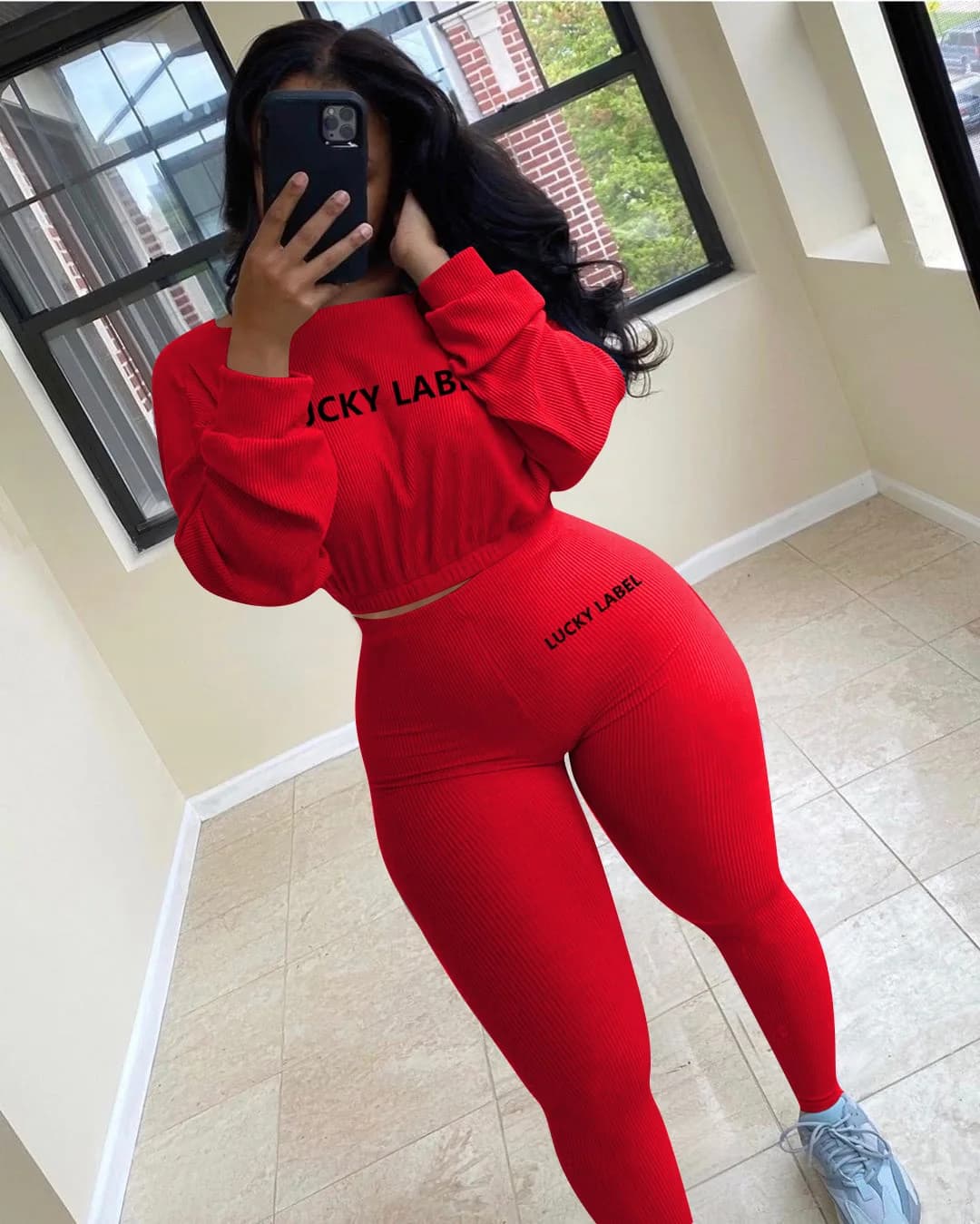 Tute a costine in due pezzi da donna con ricamo stampato a lettera Felpa a maniche lunghe autunno-primavera e set di pantaloni skinny