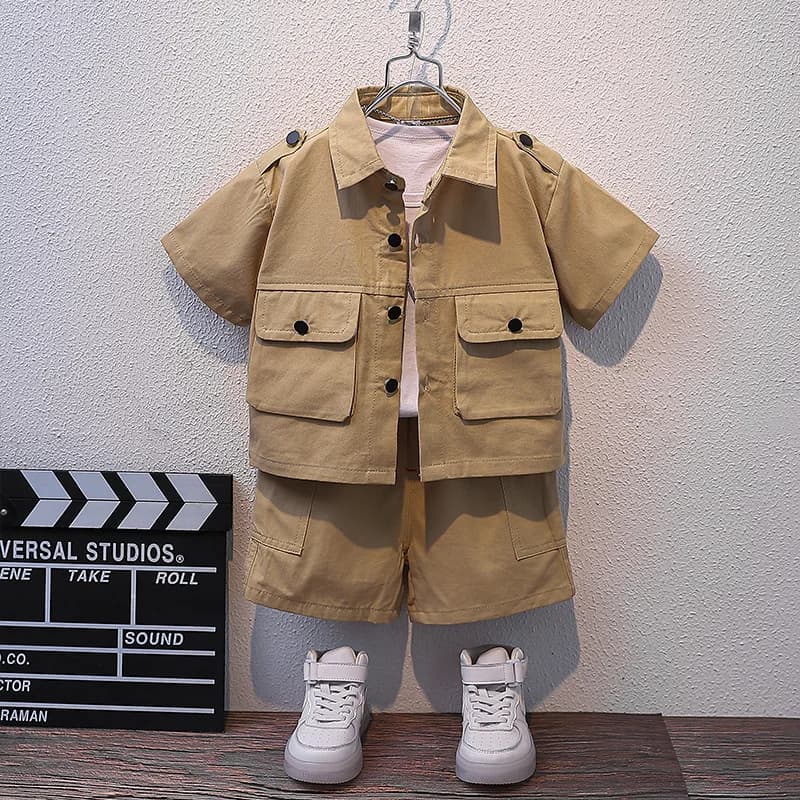 Summer Kids 2026 Summer New Boys Suit bottoni per bambini camicia Cargo Shorts abito da lavoro multitasche pantaloncini a maniche corte Set di cotone