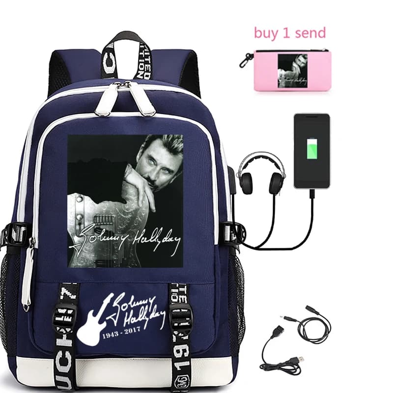 Zaino USB per giovani unisex sportivo in nylon leggero studenti universitari maschi e femmine borsa per computer borsa da scuola Johnny Hallyday