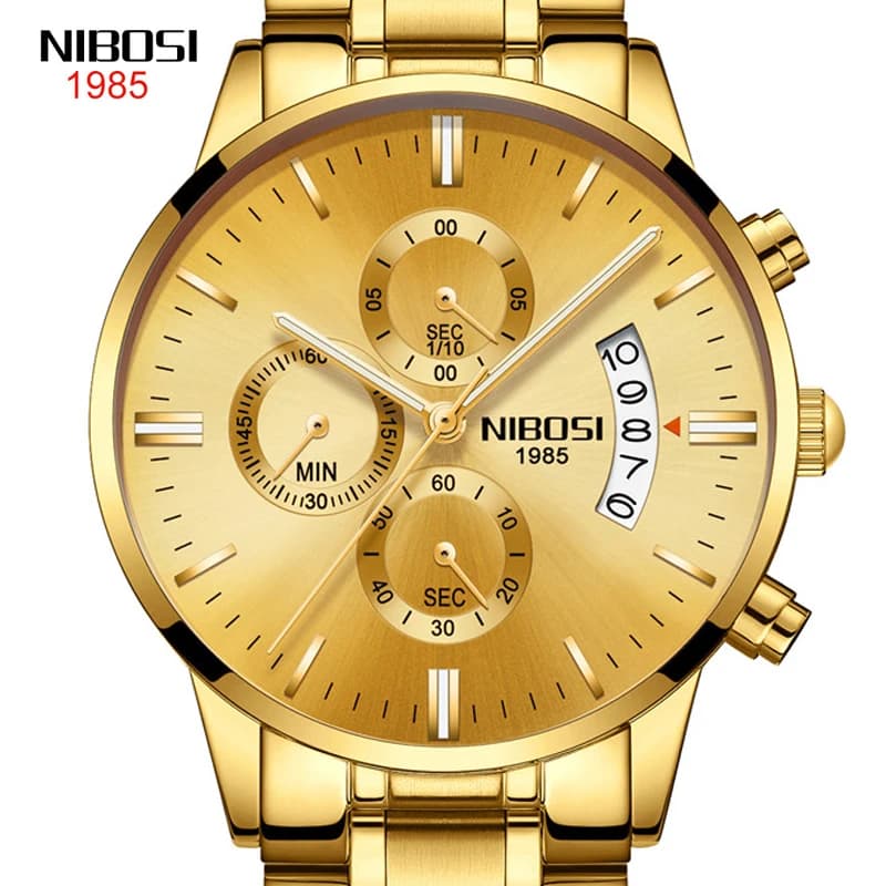 NIBOSI Moda Orologi in acciaio inossidabile da uomo Cronografo impermeabile al quarzo Orologio da uomo Top Brand di lusso Orologio da polso in oro per uomo 2309