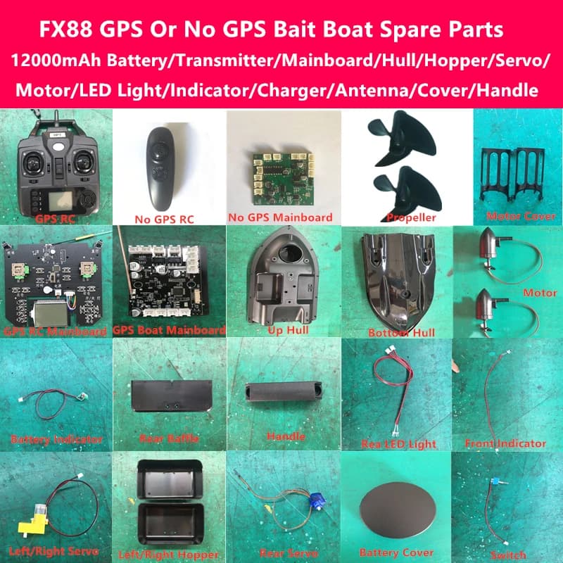 FX88 GPS o No GPS RC Bait Boat pezzi di ricambio 12000mAh batteria/caricabatterie/scheda madre/coperchio/RC/tramoggia/motore/luce/Antenna/Servo/maniglia