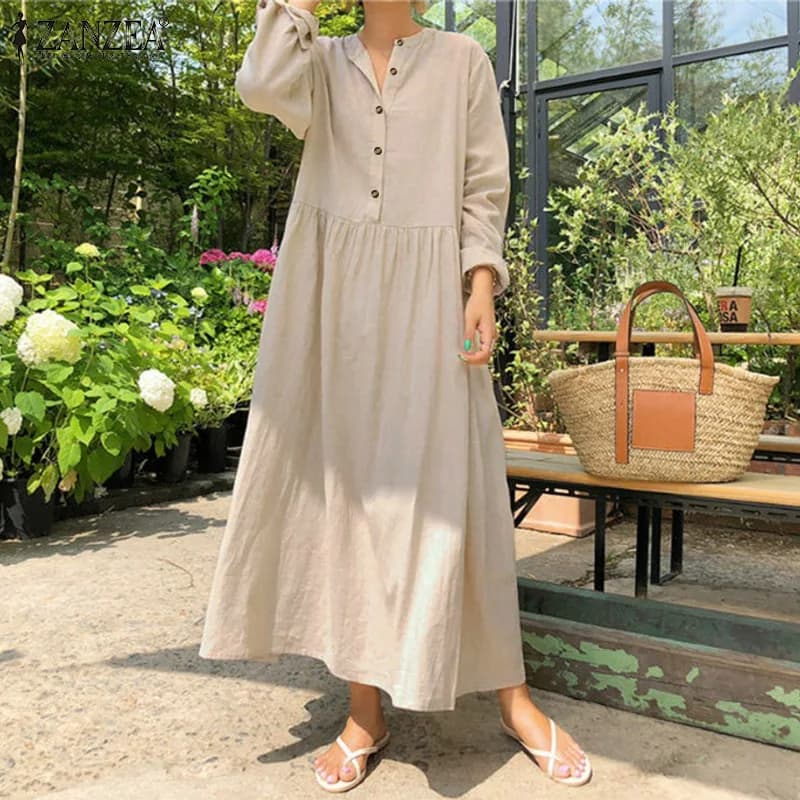 2023 autunno ZANZEA donna Casual Solid Long Shirt Dress tasche lunghe Maxi Vestidos Office Lady Work Cotton Dress Party Robe Femme