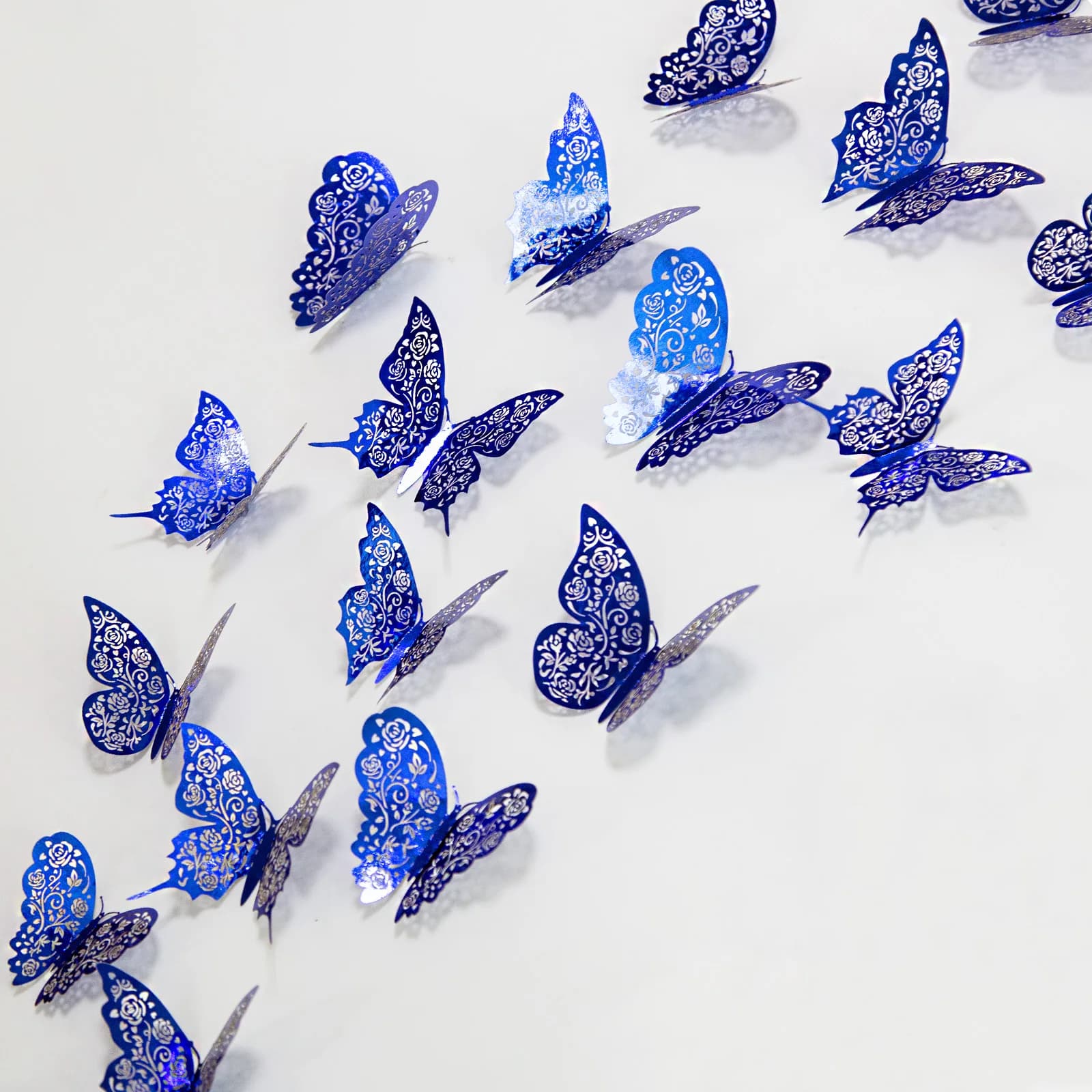 12 pezzi nuovo adesivo da parete farfalla cava blu royal 3D carta fiore rosa design soggiorno decorazione della casa farfalle di nozze decalcomanie
