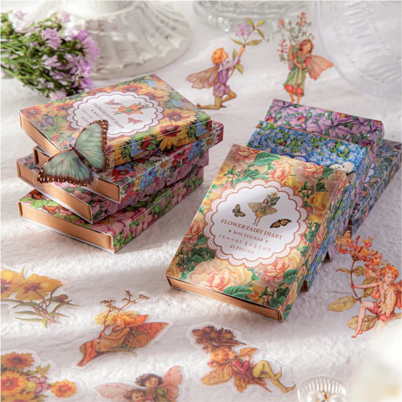 Yoofun 45 pz/scatola Farfalle Fata Adesivi PET Impermeabili Fiore Vintage Elfo Etichetta Decorativa per Scrapbooking Ufficiale FAI DA TE