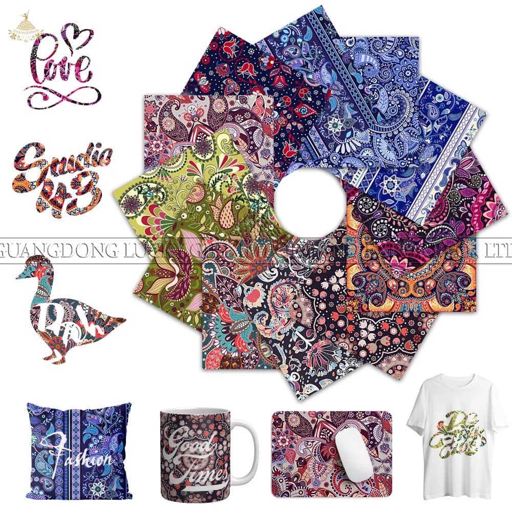 Foglio di inchiostro per trasferimento infusibile Lucky Goddness 12x10 IN Carta per trasferimento di inchiostro con motivo Paisley Sublimazione per borse per magliette con stampa per tazze