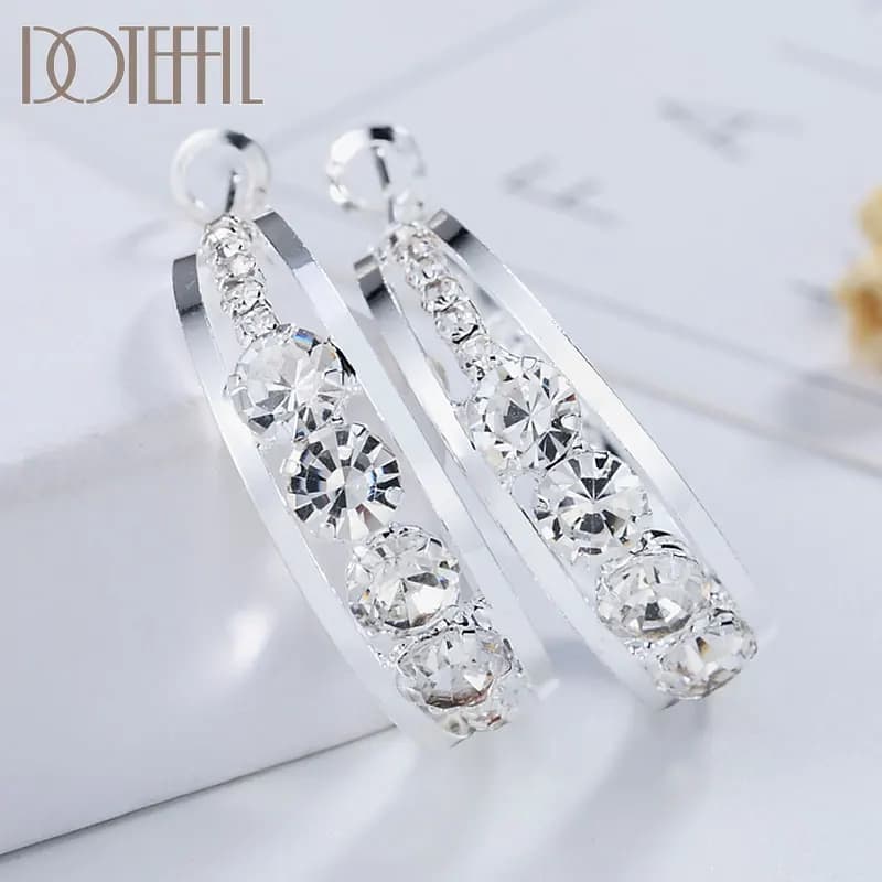 DOTEFFIL 925 Sterling Silver Gold Black Geometric Rhombus AAA Zircon 31mm Round Earrings Women Wedding Charm Fashion Jewelry