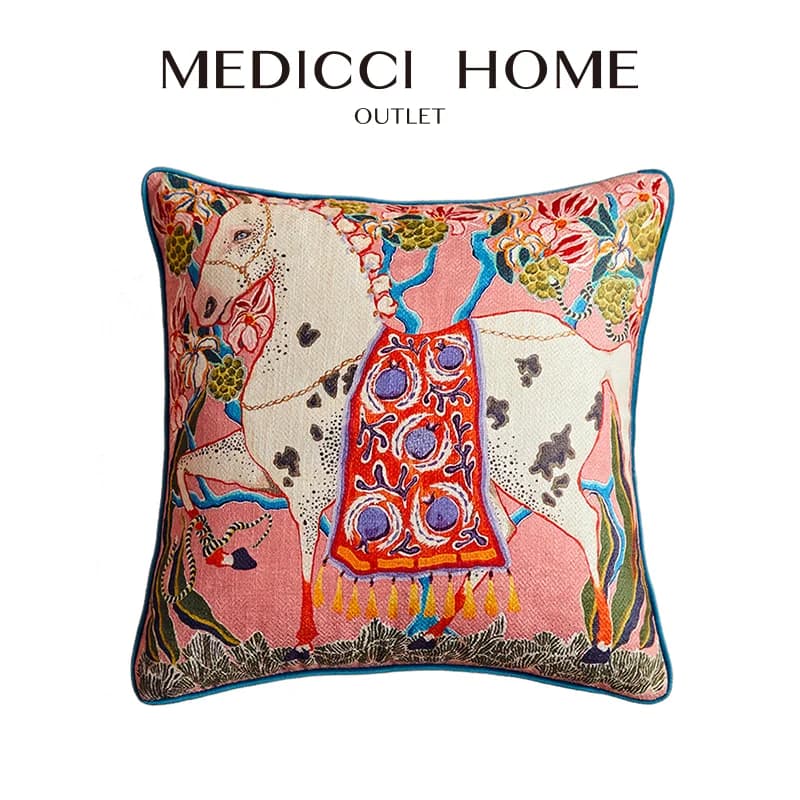 Medicci Home Mystical White Horse Cushion Cover Chinese Traditional Retro Pattern Throw Pillow Case For Sofa Chair Seat Settee