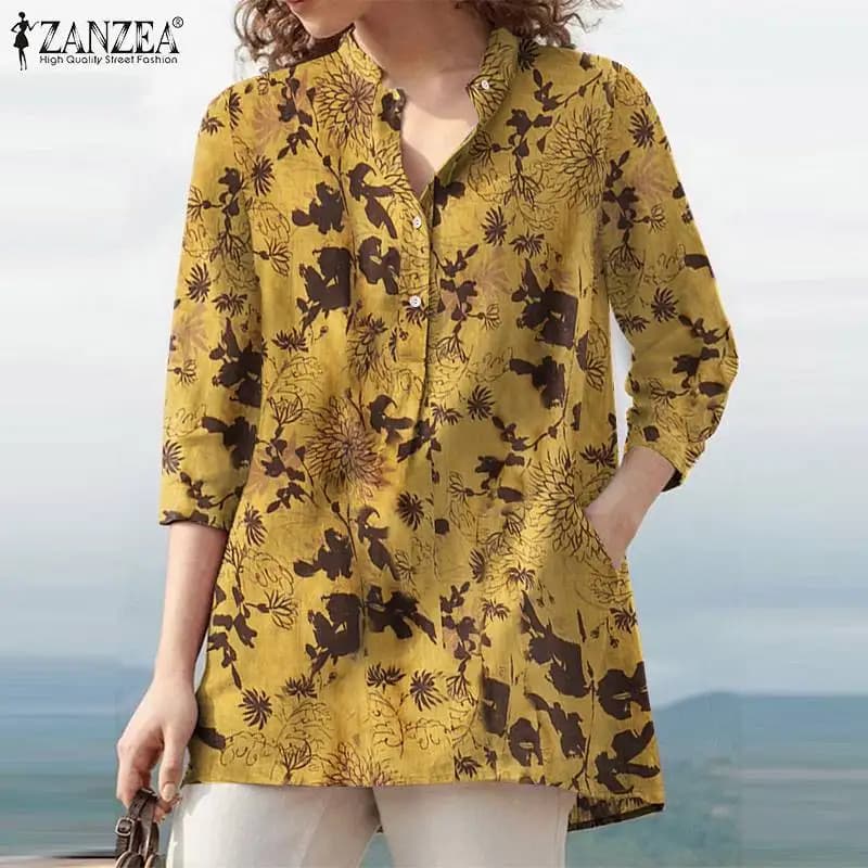 ZANZEA Donna Autunno Camicetta stampata floreale 2025 Bohemian Manica 3/4 Camicia da vacanza Chemise Femminile Casual Party Blusas Tunica Top