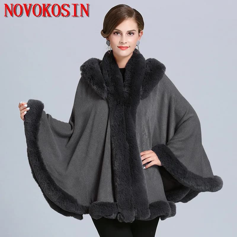 6 colori donna inverno spesso caldo grigio nero poncho mantello collo in pelliccia sintetica mantello lavorato a maglia grande pendolo cardigan allentato cappotto con cappello