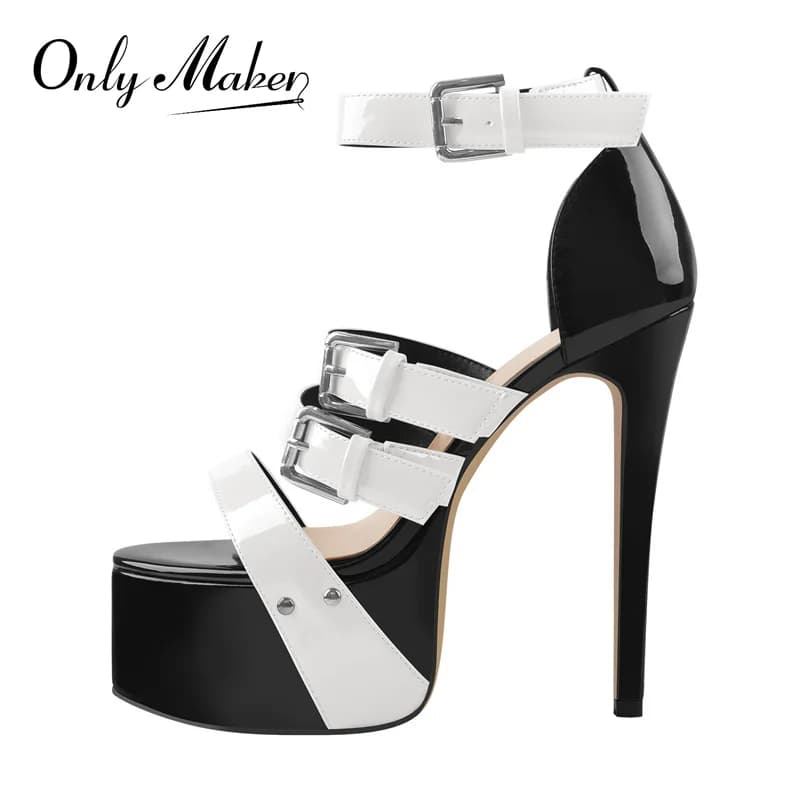 Onlymaker Sandali con plateau da donna Rosa Bianco Pelle verniciata Fibbie alla caviglia Pantofole con tacco alto a spillo Sandali di grandi dimensioni alla moda