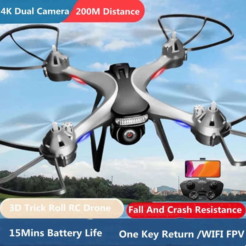 Drone RC con Decollo/Atterraggio con Un Tasto, Rotazione 3D, WIFI FPV, 2.4G, Doppia Fotocamera 4K, Mantenimento dell'Altitudine, Controllo tramite APP, Scatto Foto/Video, Quadricottero RC