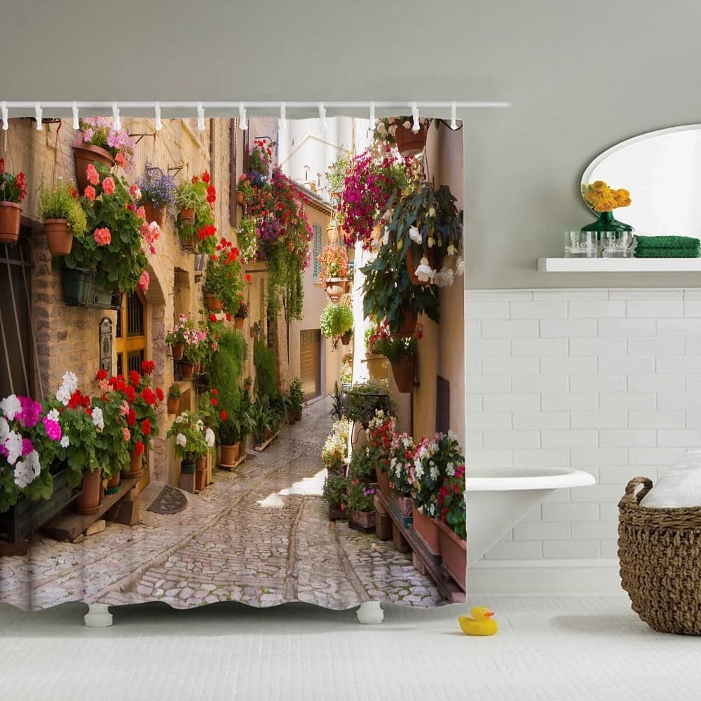 Fiori freschi Porta Strada Set di tende da doccia Tappeti da bagno Copriwater Europa Alley Tappetino antiscivolo Tende da bagno con ganci