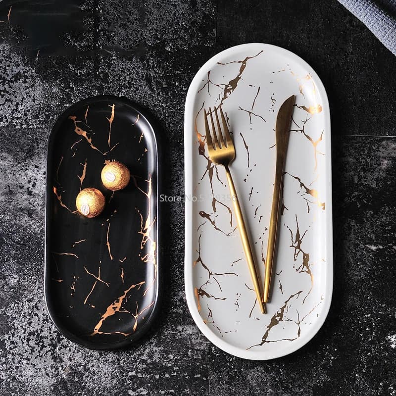 Piatto ovale in ceramica marmorizzata nordica Piatto occidentale Piatto da dessert Vassoio portaoggetti per gioielli Accessori per la tavola Piatto di frutti di mare per sushi