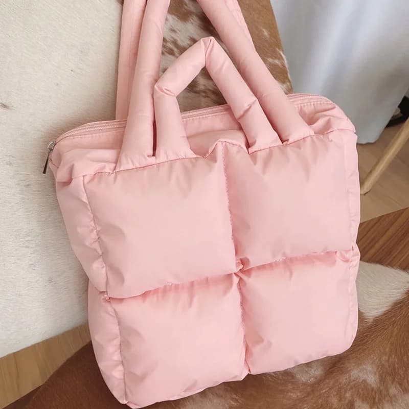 2026 Winter New Sapce Padded Large Tote Bag Designer Women Plaid Branded Handbags Fashion Ladies Down Cotton Shoulder Bags Warm