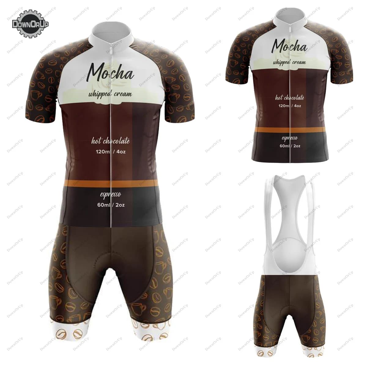 Coffee List Mocha Maglia da ciclismo Set da uomo Manica corta Abbigliamento da mountain bike Pantaloncini con bretelle Gel traspirante Pad Asciugatura rapida