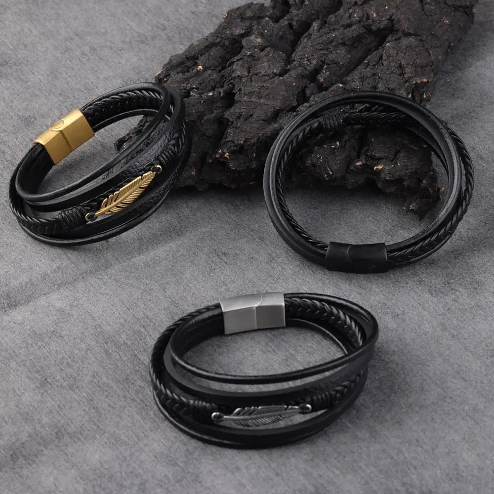 Bracciale in vera pelle con piume di foglia per uomo chiusura magnetica multistrato in acciaio inossidabile nuovi braccialetti di moda gioielli maschili