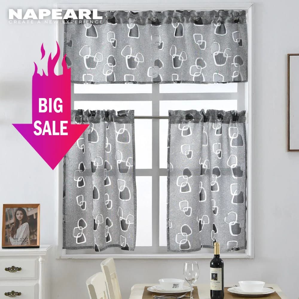 NAPEARL Short Kitchen Curtains Jacquard Window Treatments Modern Door Ready Made Geometric Design Rod Pocket Cortinas Set