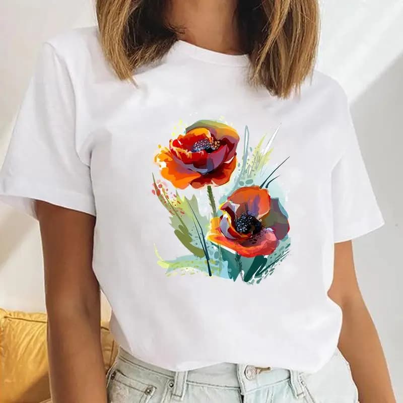 T-Shirt Women's Flower Spring Summer Floral Cute Fashion Dresses Cartoon Lady Print Top Short Sleeve T-Shirt Graphics