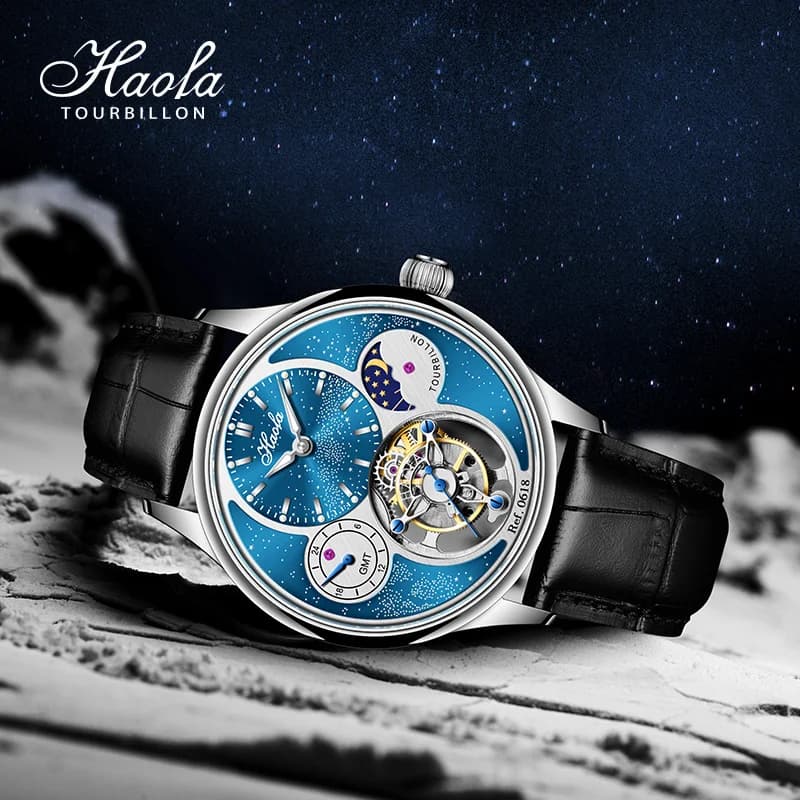 Haofa Luxury Skeleton Tourbillon Sapphire Watch for Men Manual Mechanical GMT Moonphase Wristwatches Casual Business 0618