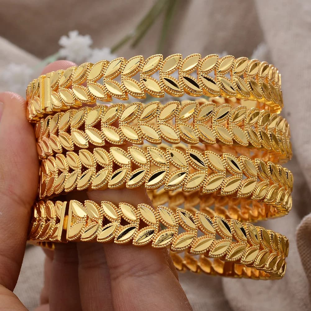 4pcs/Lot Luxury Design 24k Dubai Gold Color Bangles For Women Jewelry African Bracelets Ornament Bridal Wedding Gifts