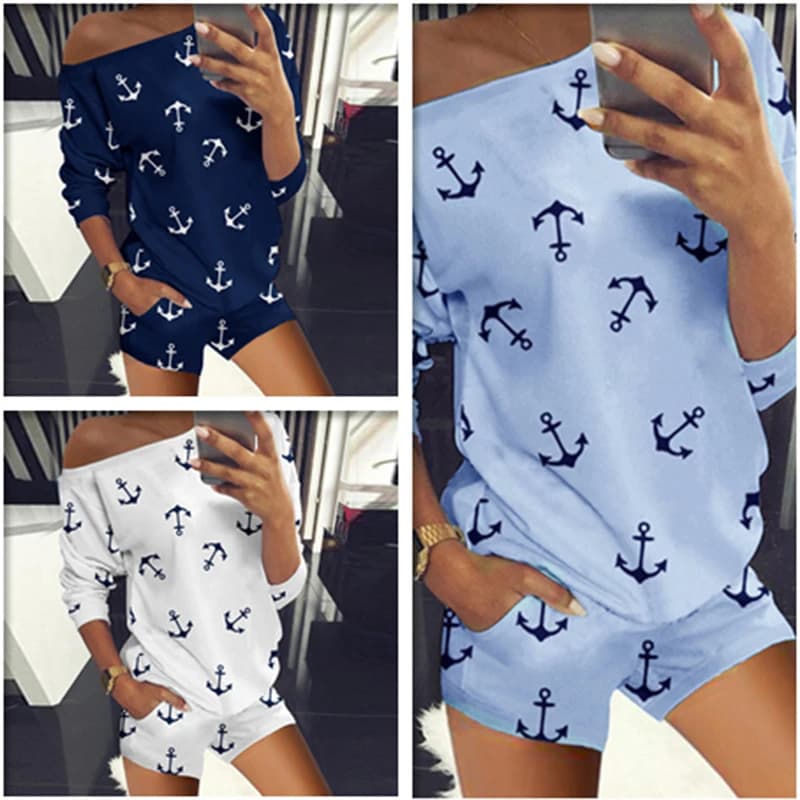 pantaloncini da completo t-shirt da donna stile caldo Europa due pezzi Stati Uniti stampa da donna abito a maniche lunghe Barca Anchor moda