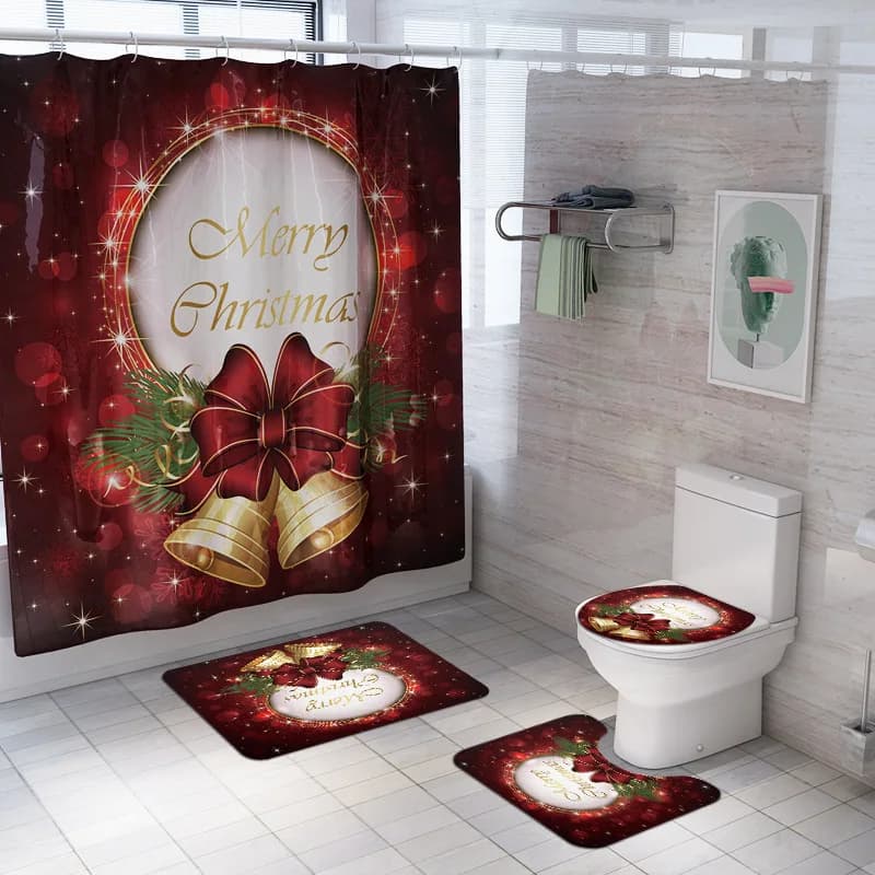Tappetino da bagno natalizio cartone animato con tende da doccia Stampa Decorazioni da bagno 4 pezzi Tappeti antiscivolo per WC Set di tappetini per la casa