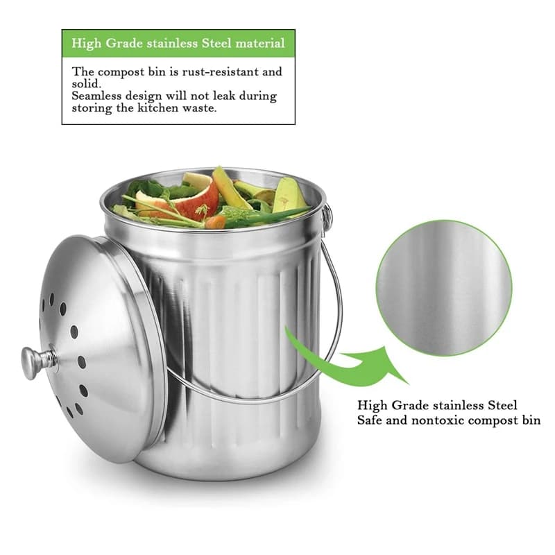 Cestino per Compost LBER, secchio per sbucciare per la cucina di casa, secchio per Compost inodore per rifiuti alimentari da cucina, con manico e 2 filtri di carbone
