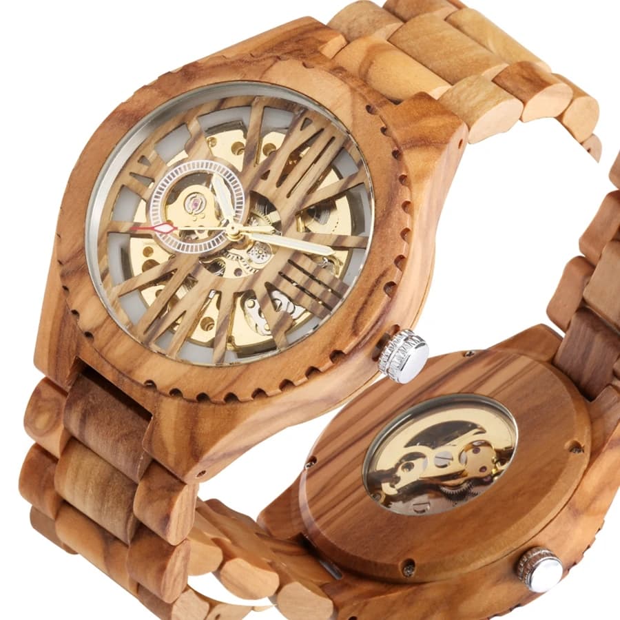 Orologi da uomo in legno di ciliegio Retro Hollow Skeleton Dial orologio meccanico automatico in legno bracciale regolabile in legno orologio da polso da uomo