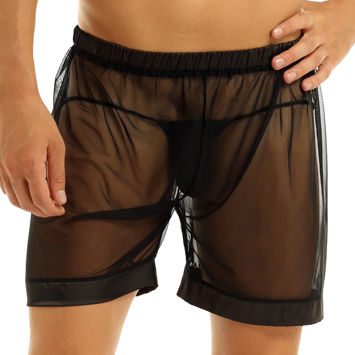 Black Men's Sexy See-Through Mesh Underwear Transparent Loose Boxer Shorts Lingerie Lounge Hot Pants Bottoms Sleepwear Nightwear