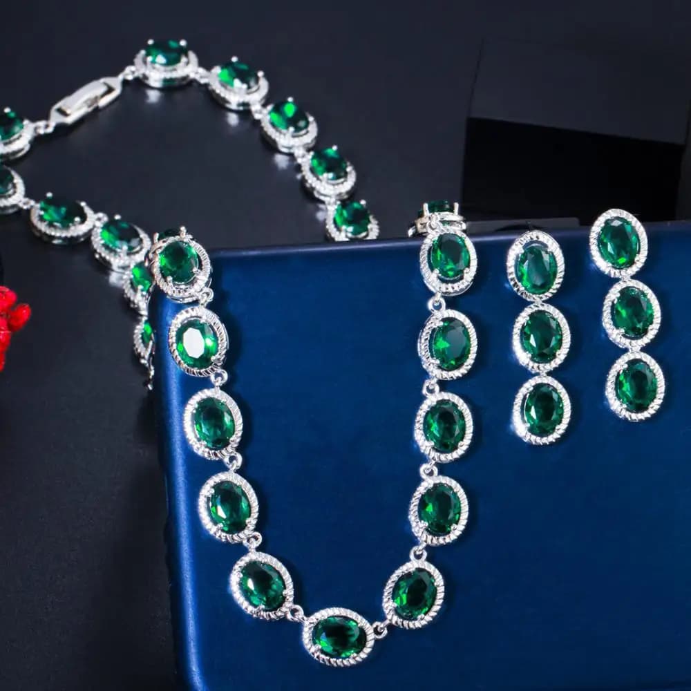 Pera Designer Shiny Green Zirconia Silver Color Round CZ Choker Necklace Earrings for Women Engagement Party Jewelry Sets J386