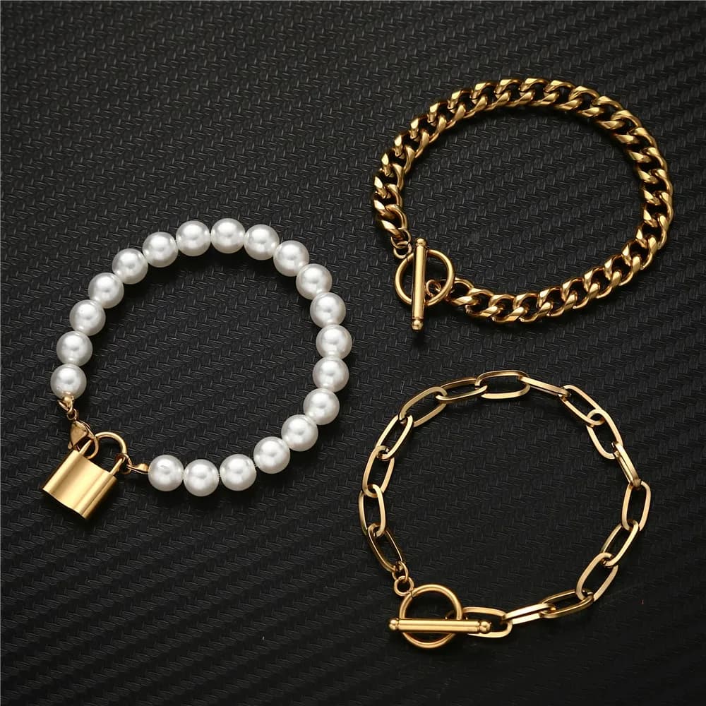 MinaMaMa Bracciale con ciondolo con lucchetto in acciaio inossidabile per donna Set di braccialetti di perle Fuax Regali di gioielli