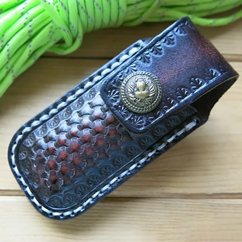 1 pz in pelle conciata al vegetale pieghevole coltello da tasca pinze pelle bovina fodero fodero cintura cintura pelle di serpente modello fibbia leone