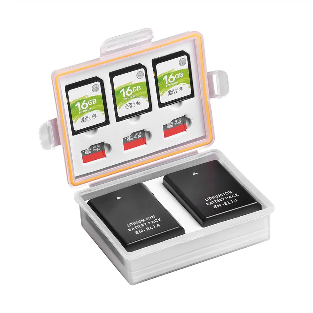 Scatola di immagazzinaggio batteria della fotocamera Custodia per scheda di memoria SD TF per batteria della fotocamera ENEL14 ENEL9 ENEL20 LPE5 LPE8 LP E17 DMWBLC12 PS-BLS5 ecc.