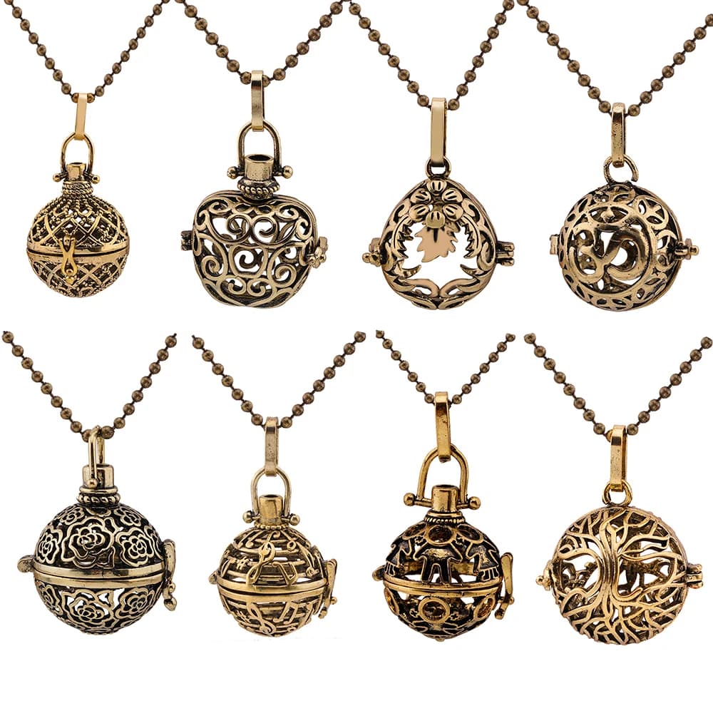 Mexico Carillon Musical Ball Aromatherapy Necklace Essential Oil Diffuser Vintage Scent Medal Copper Pendant Women's Fashion Jewelry