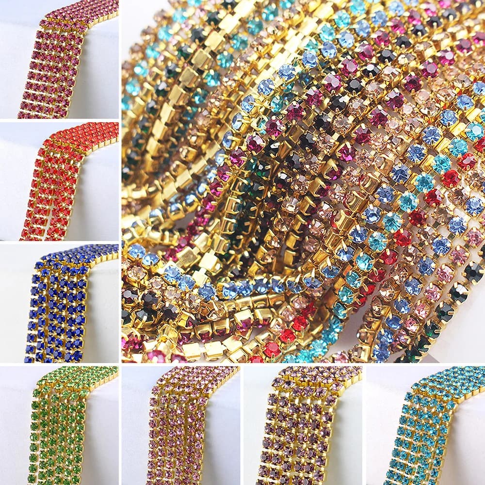 Catena di strass da 1 metro, da ss6 a ss12, con base dorata, cristalli brillanti, pietre da incollare, catena di strass per abbigliamento, ricami, gemme, artigianato
