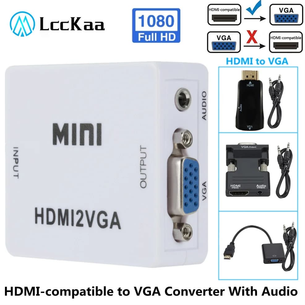 LccKaa Convertitore adattatore compatibile HDMI-VGA 1080P con cavo audio HDMI2VGA per PC portatile TV Box Display per computer Proiettore