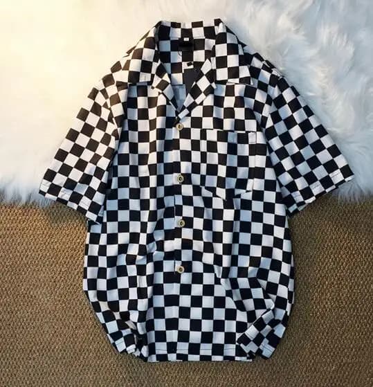 Camicetta estiva da uomo camicia a scacchi griglia bianca nera Plaid moda sottile