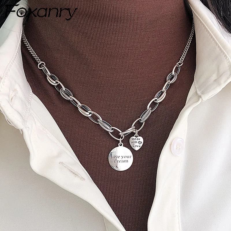 FOXANRY Collana a catena spessa con timbro INS Moda Hip Hop Design vintage AMORE Ciondolo a cuore Gioielli in argento tailandese per feste