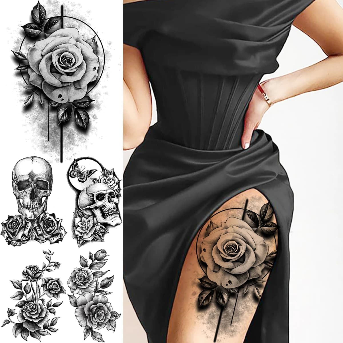 Tatuaggi temporanei sexy del fiore della rosa nera per le donne Adesivo tatoo lavabile sexy del tatuaggio falso realistico del cranio della peonia della coscia adulta