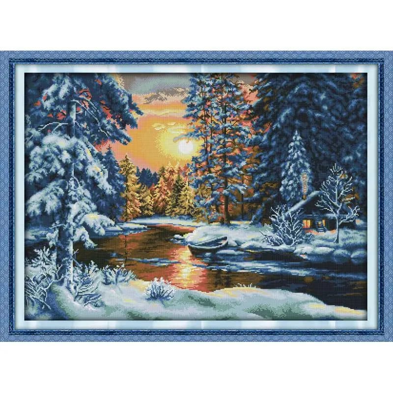 JoySunday Bellissimi kit punto croce neve Foresta Tramonto Neve Tessuto fatto a mano fai da te Panno croce ricamo Set da cucito Home Deco