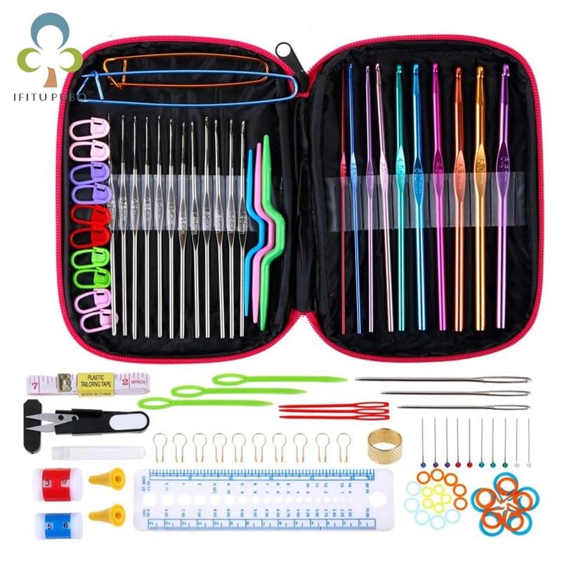 Set of 100-piece colored aluminum crochet hooks Craft case for stainless steel knitting set of agulha crochet tools for weaving Tools for sewing