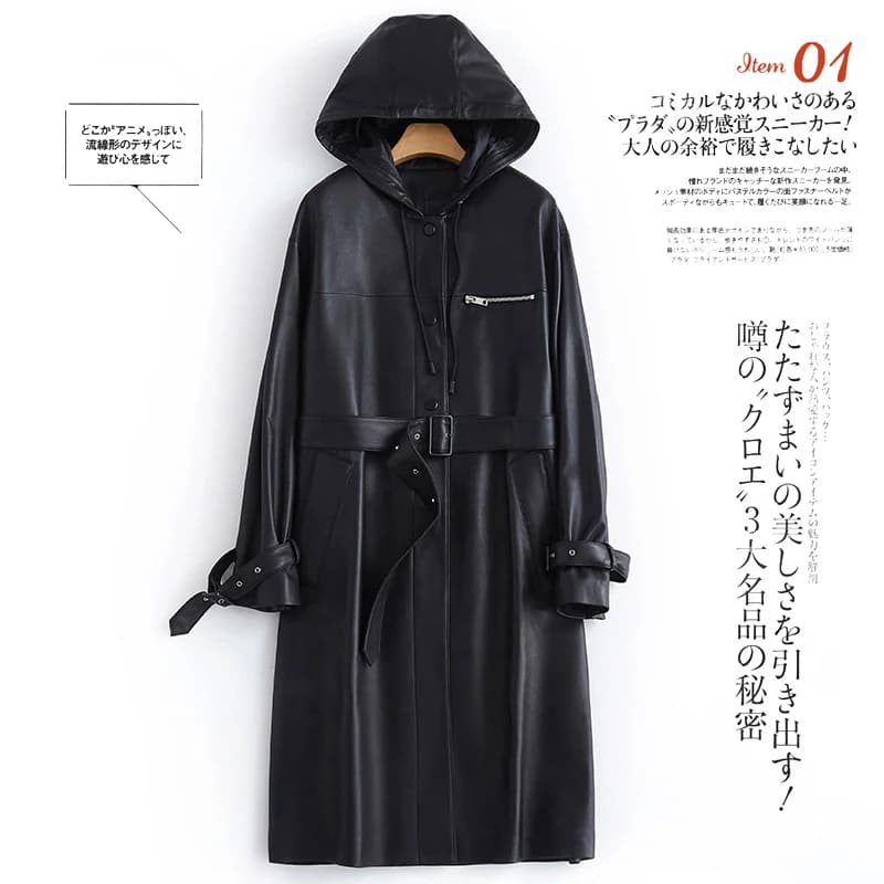 Lautaro-Long PU Leather Trench Coat for Women, Long Sleeve Belt, Waterproof Raincoat, Black, Spring, Autumn, 2024