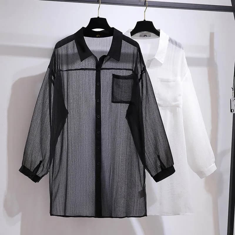 150Kg Plus Size women's bust 160 summer loose Casual slim long sleeve Chiffon Top long black white 6XL 7XL 9XL 10XL