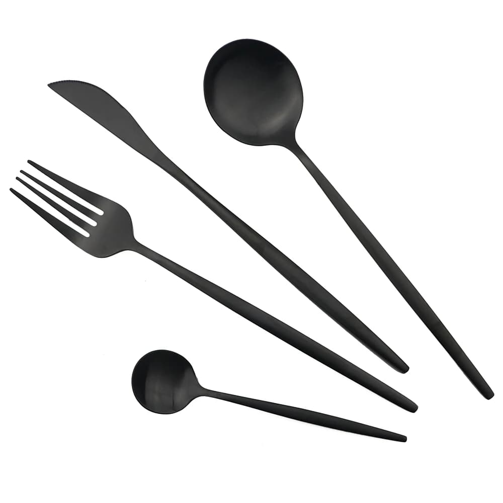 Set of cutlery black opaque knife fork spoon Set of kitchen cutlery tableware Set of crockery in stainless steel